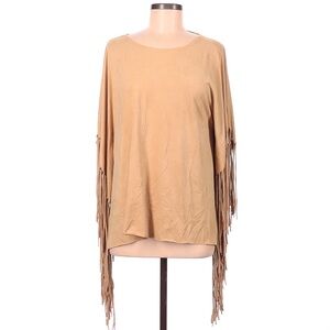 On the Road… Tan Faux Suede Fringe Poncho Style Top Size M